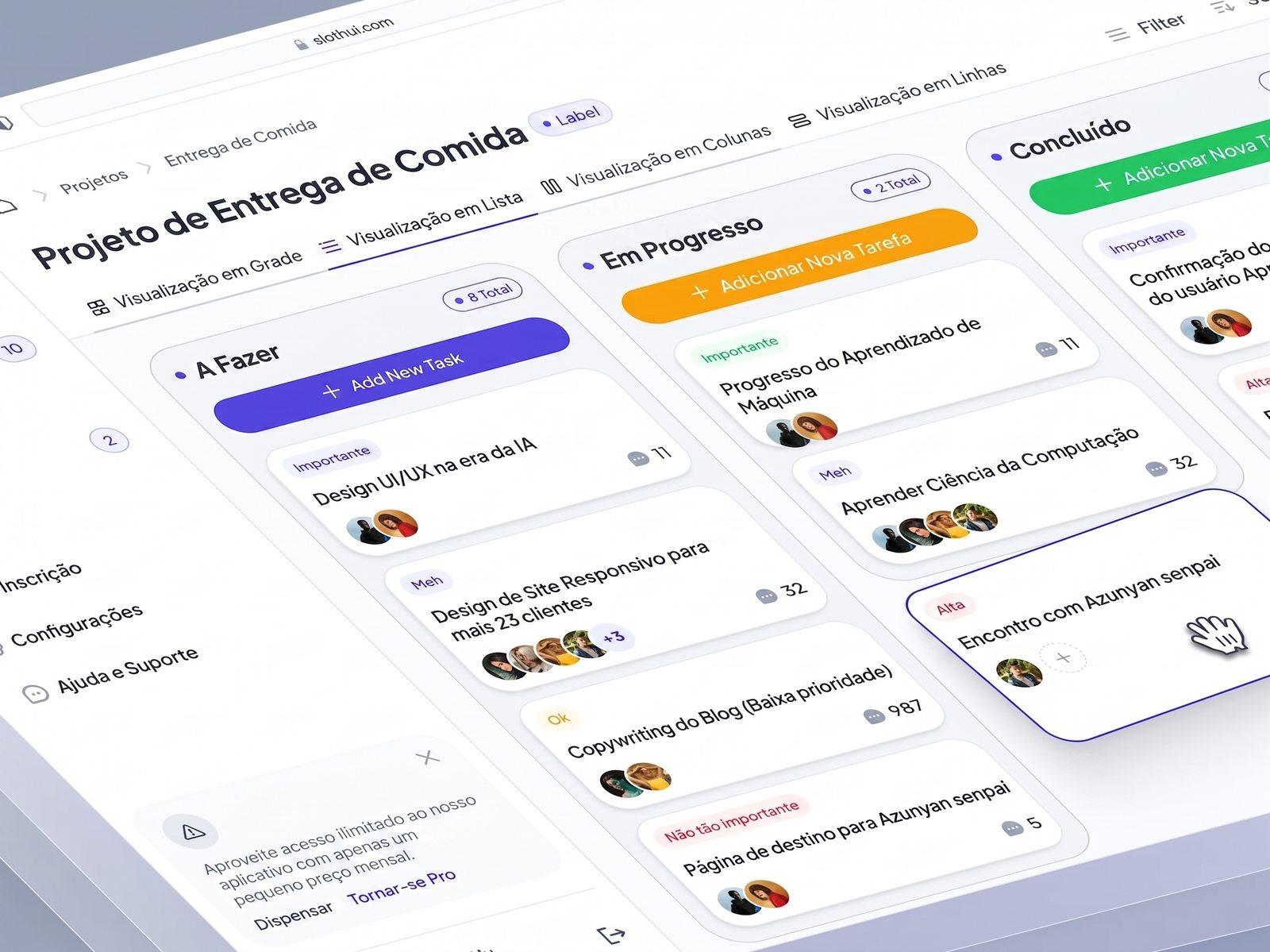 Sistema de gestão de projetos em perspectiva, com colunas de tarefas, etiquetas e equipe