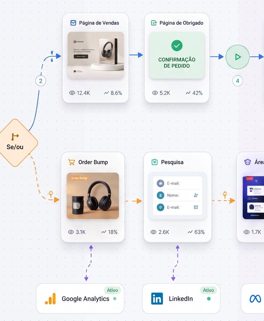 Funil de vendas visual com páginas conectadas, métricas e integrações